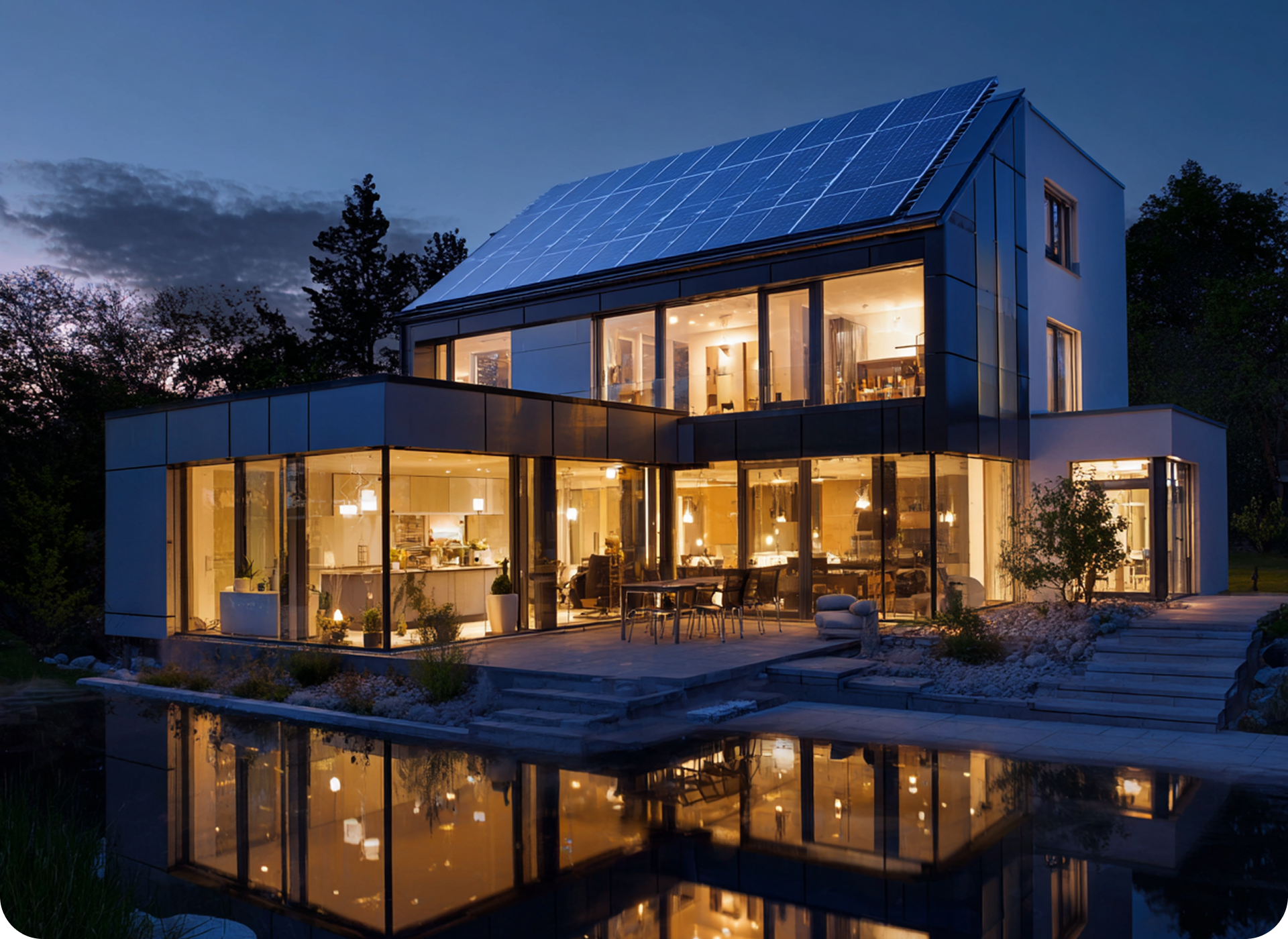 Modern home at night with pool
